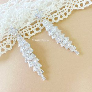 Silver Tone CZ Icy Clear Baguette Kang Kang Chandelier Earrings